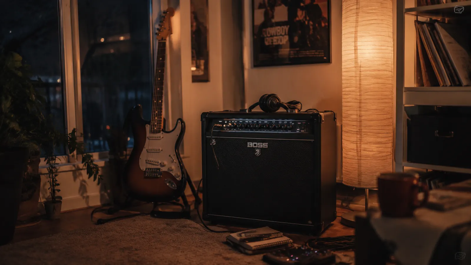 Guitarist playing electric guitar late at night in a small apartment, Boss Katana amp visible in the background on low volume