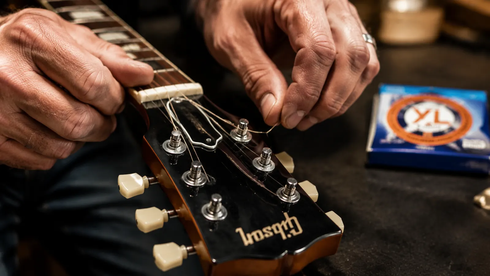 Guitarist playing electric guitar on a small club stage, motion blur on strumming hand, warm stage lights