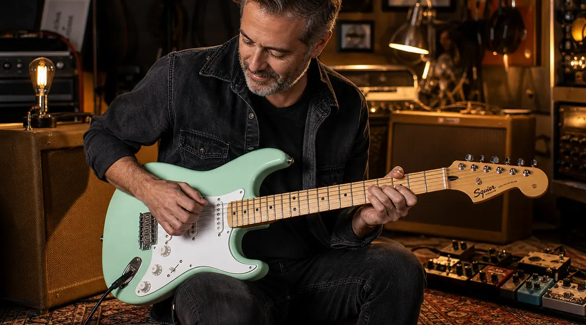 Close-up of hands playing the Squier Classic Vibe Strat neck, showing the C-shaped maple profile
