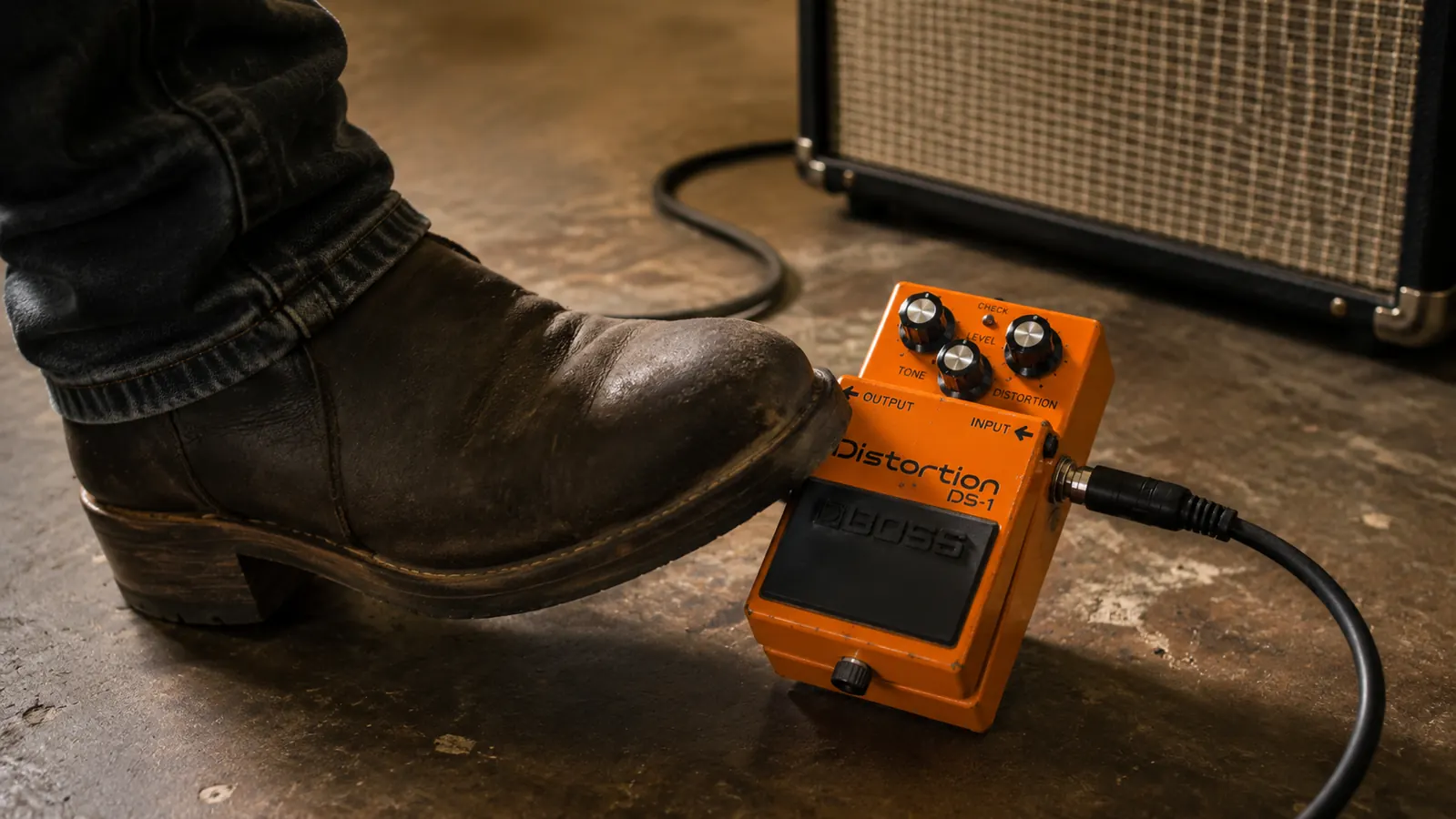 Hand engaging the Boss DS-1 footswitch while a guitar cable runs into a combo amp