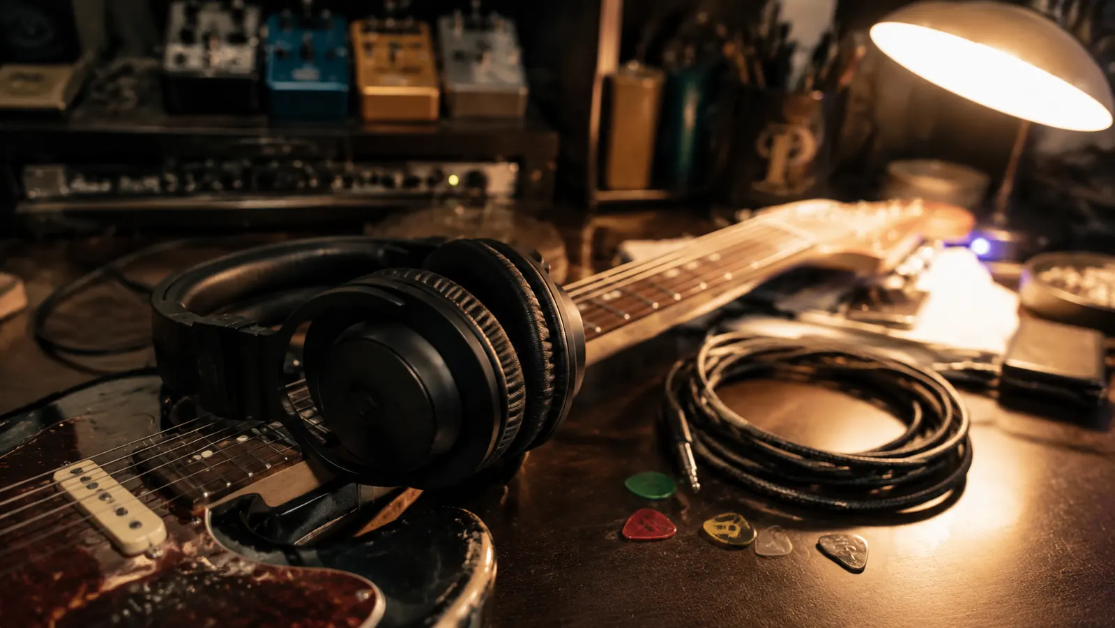Guitarist wearing ATH-M50x headphones while playing an electric guitar plugged into a small audio interface in a home studio