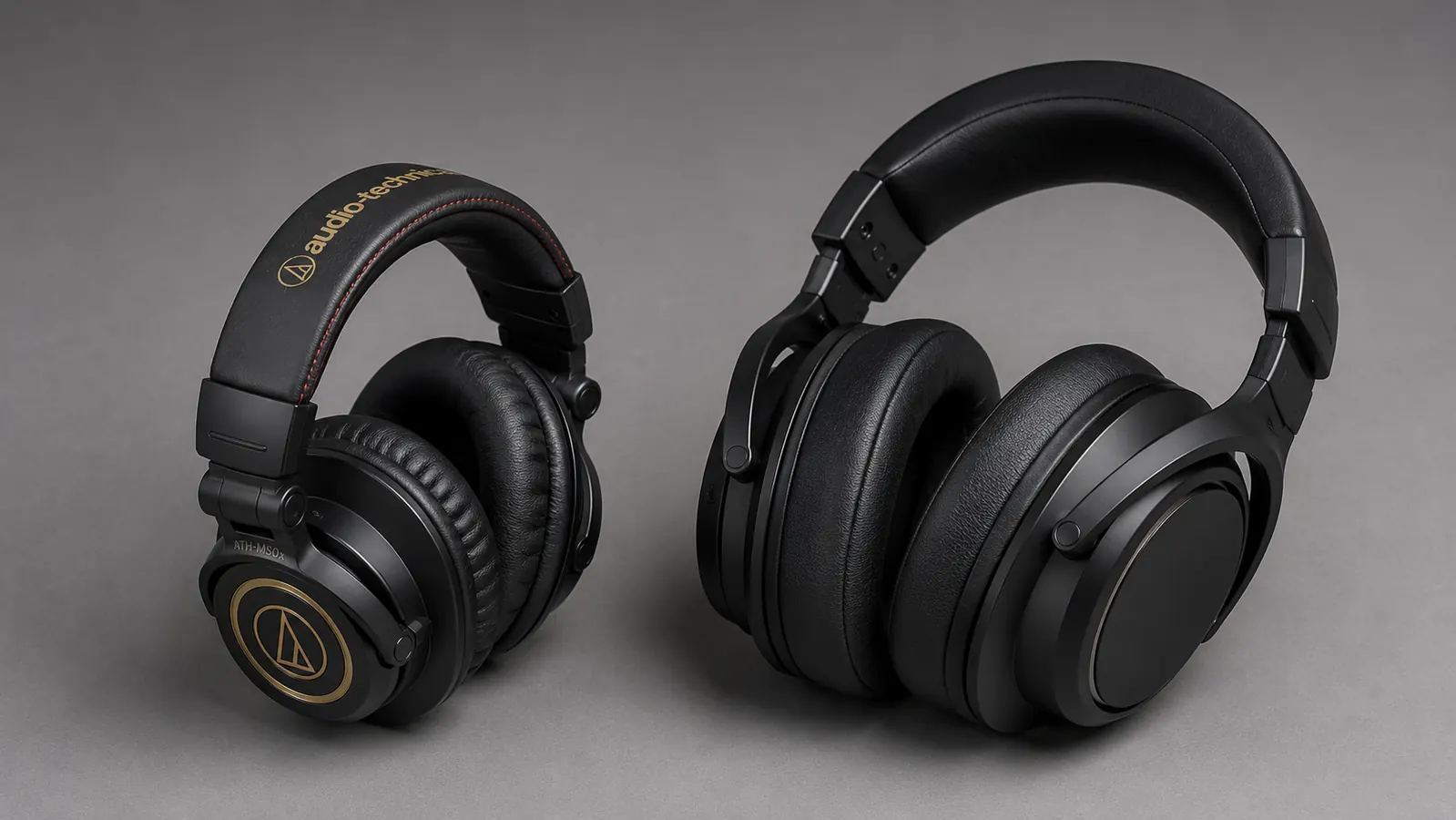 Side-by-side of ATH-M50x and ATH-M70x headphones on a flat surface showing size difference in ear cups and headband