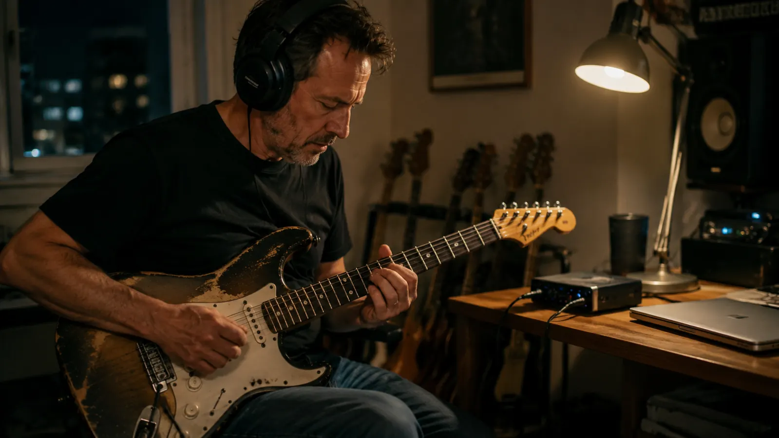 Guitarist at a home studio desk with ATH-M50x on, playing through an audio interface at night