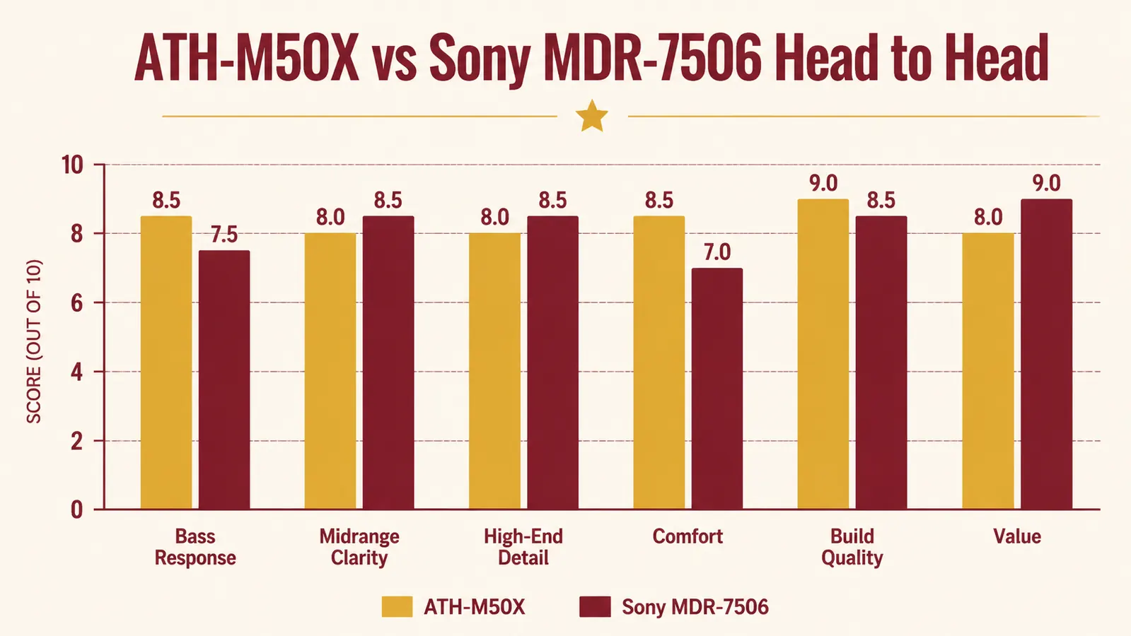 Frequency response chart comparing ATH-M50x and MDR-7506 bass and low-mid response for guitar