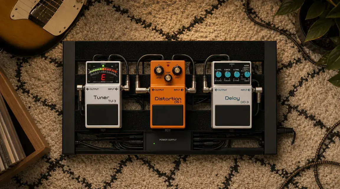 Overhead shot of a pedalboard showing a DS-1 positioned between a tuner and a delay, wires neatly velcroed