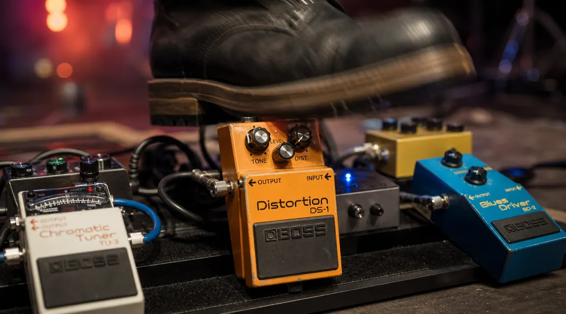 Guitarist stomping the Boss DS-1 on a pedalboard during a rehearsal