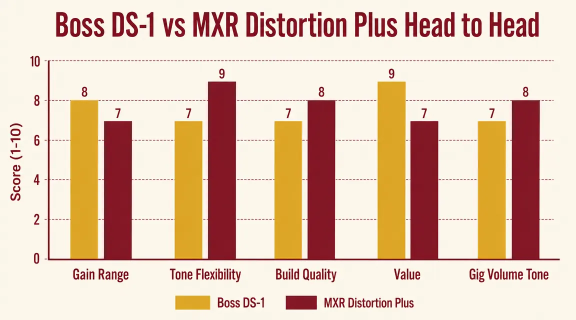 Chart comparing Boss DS-1 versus MXR Distortion+ across five categories with score bars