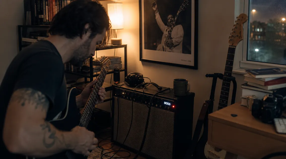 Vox AC15 and Boss Katana 50 MkII side by side on a studio floor
