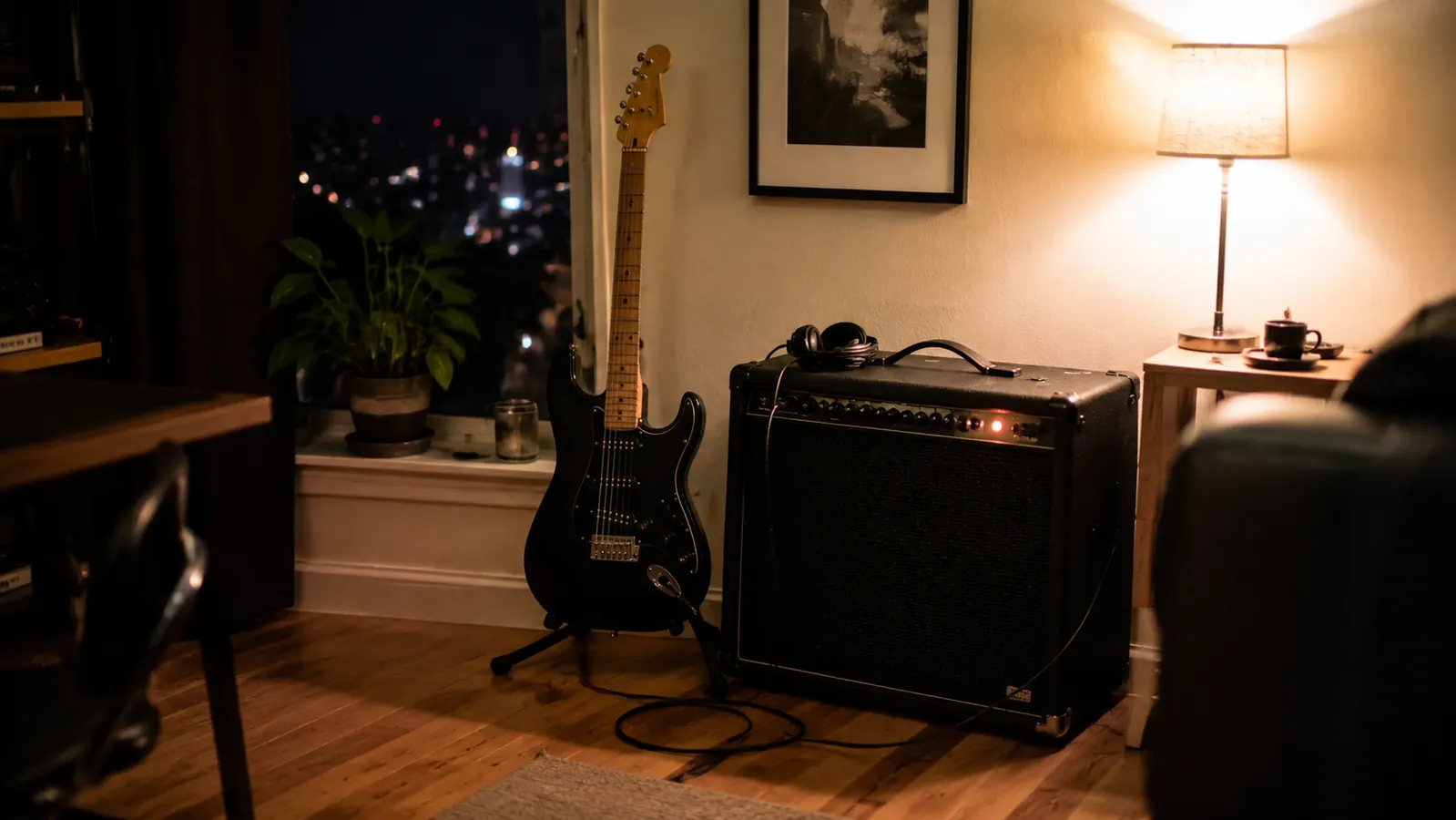 Guitarist playing a Stratocaster through the Boss Katana MkII-50 in a garage rehearsal space