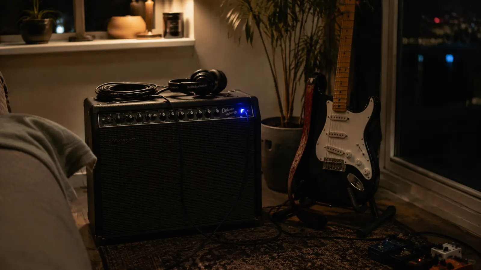 Guitarist playing an electric guitar through a combo amp in a dimly lit home studio