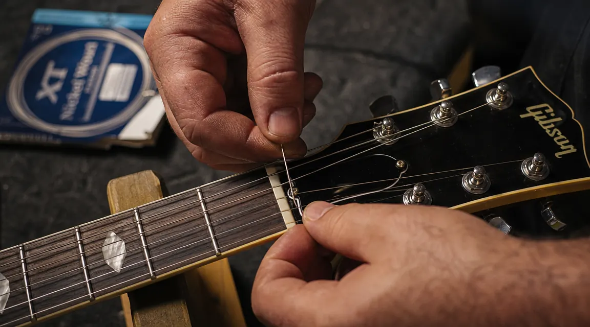 Close-up of a broken high-E string curled on a guitar headstock, tuning pegs visible in soft focus behind it
