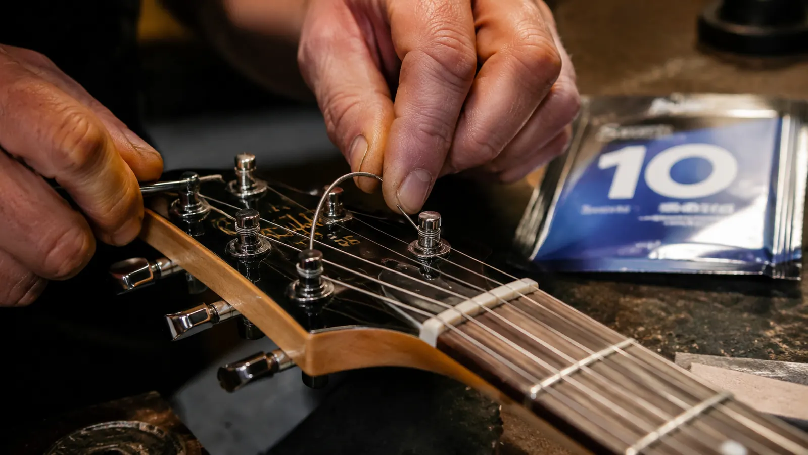 Guitarist playing an electric guitar at bedroom volume, amp glowing warmly in the background