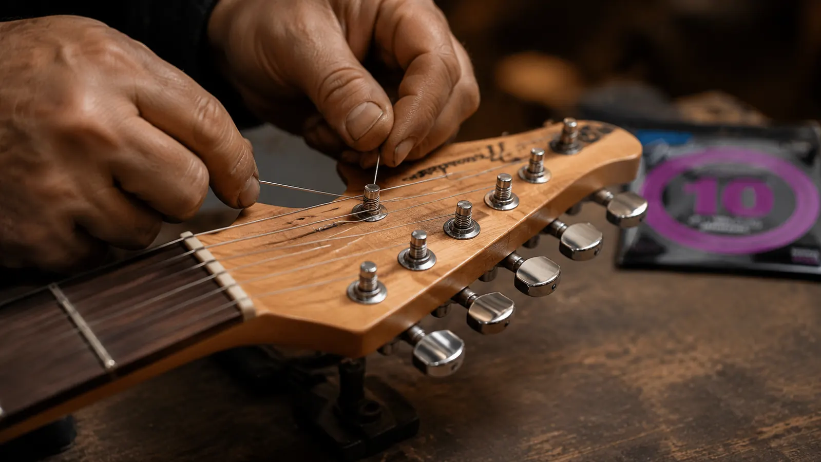 Strat bridge saddles showing light surface oxidation on older string set versus bright new strings