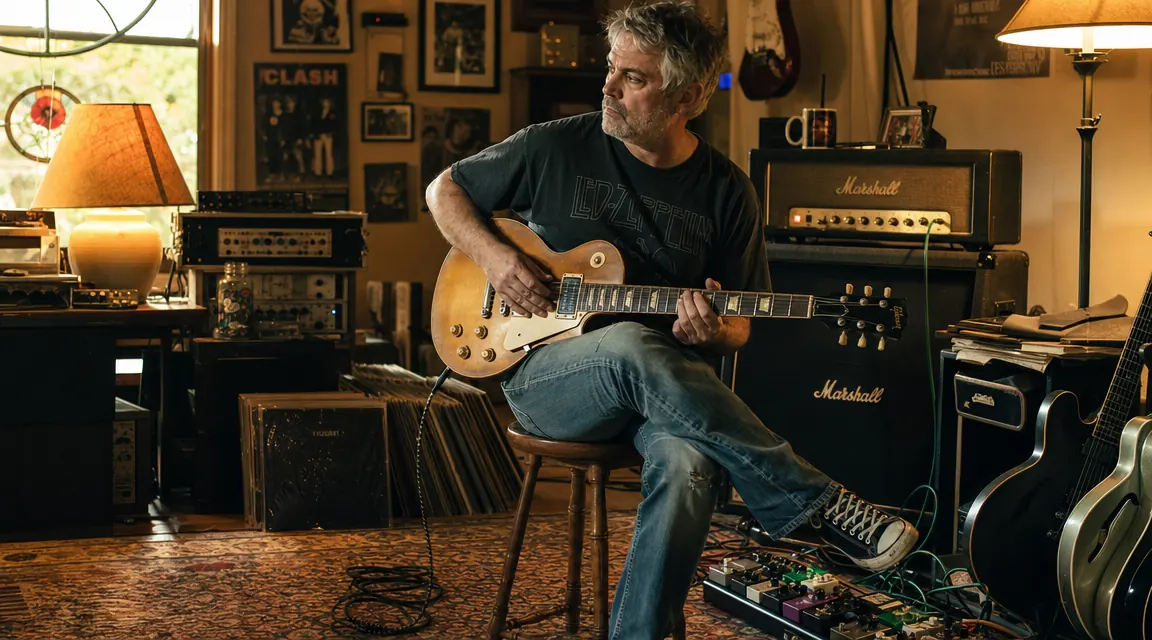 A guitarist's home practice setup with a vintage amp, pedalboard, and Strat leaned against a stool