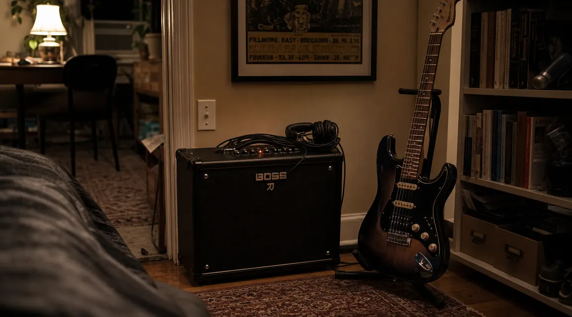 Guitarist sitting in a kitchen chair playing electric guitar through a small combo amp at low volume