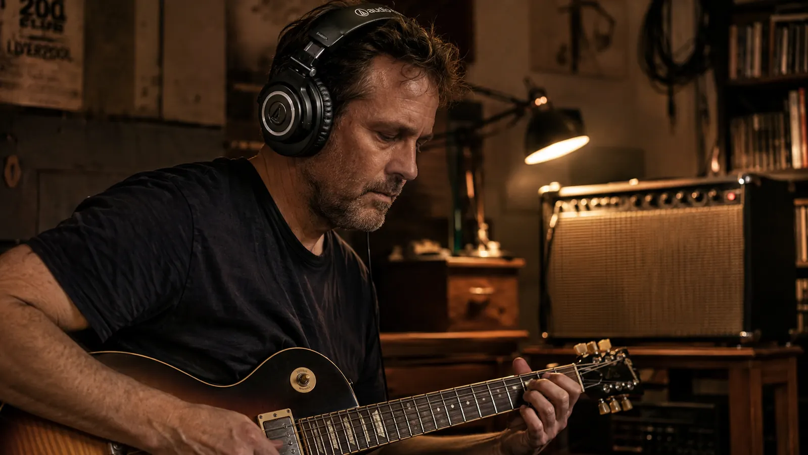 Audio-Technica ATH-M50x headphones resting on a guitar amp in a garage recording space