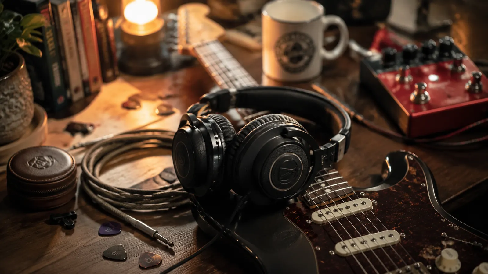 Close-up of a headphone jack plugged into a small audio interface sitting next to an electric guitar