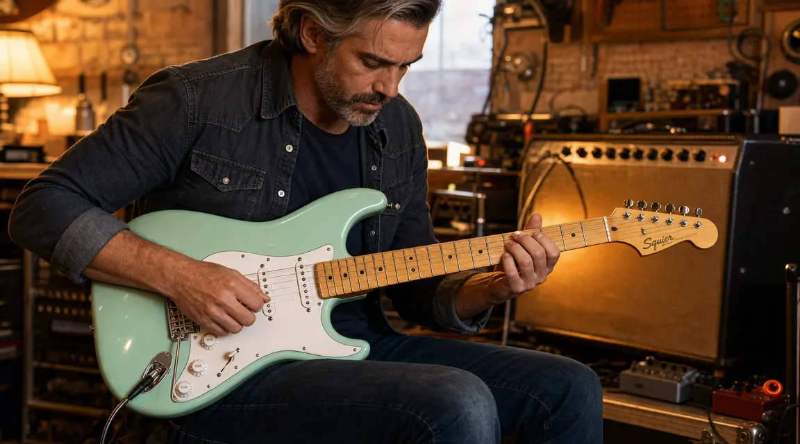 Close-up of a guitarist's fretting hand on the Squier Classic Vibe '50s Strat neck, C-profile maple neck visible