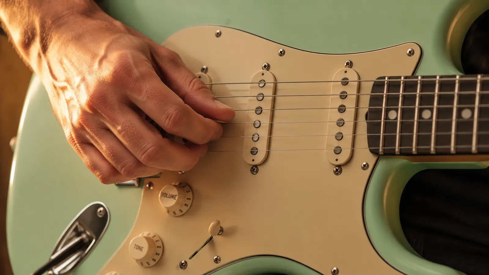 Squier Classic Vibe '50s Strat body detail showing three single-coil pickups and vintage-style bridge