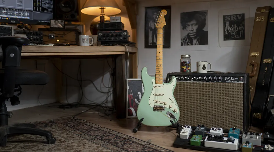 Guitarist playing the Squier Strat seated on a stool in a small home recording space with an amp in the background