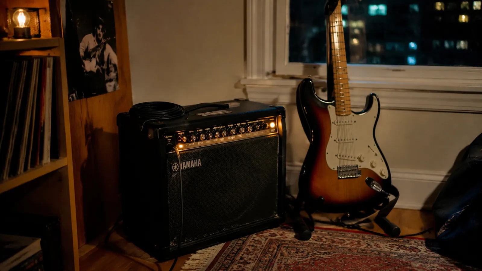 Guitarist playing a Gibson Les Paul through the Boss Katana 50 MkII in a rehearsal room