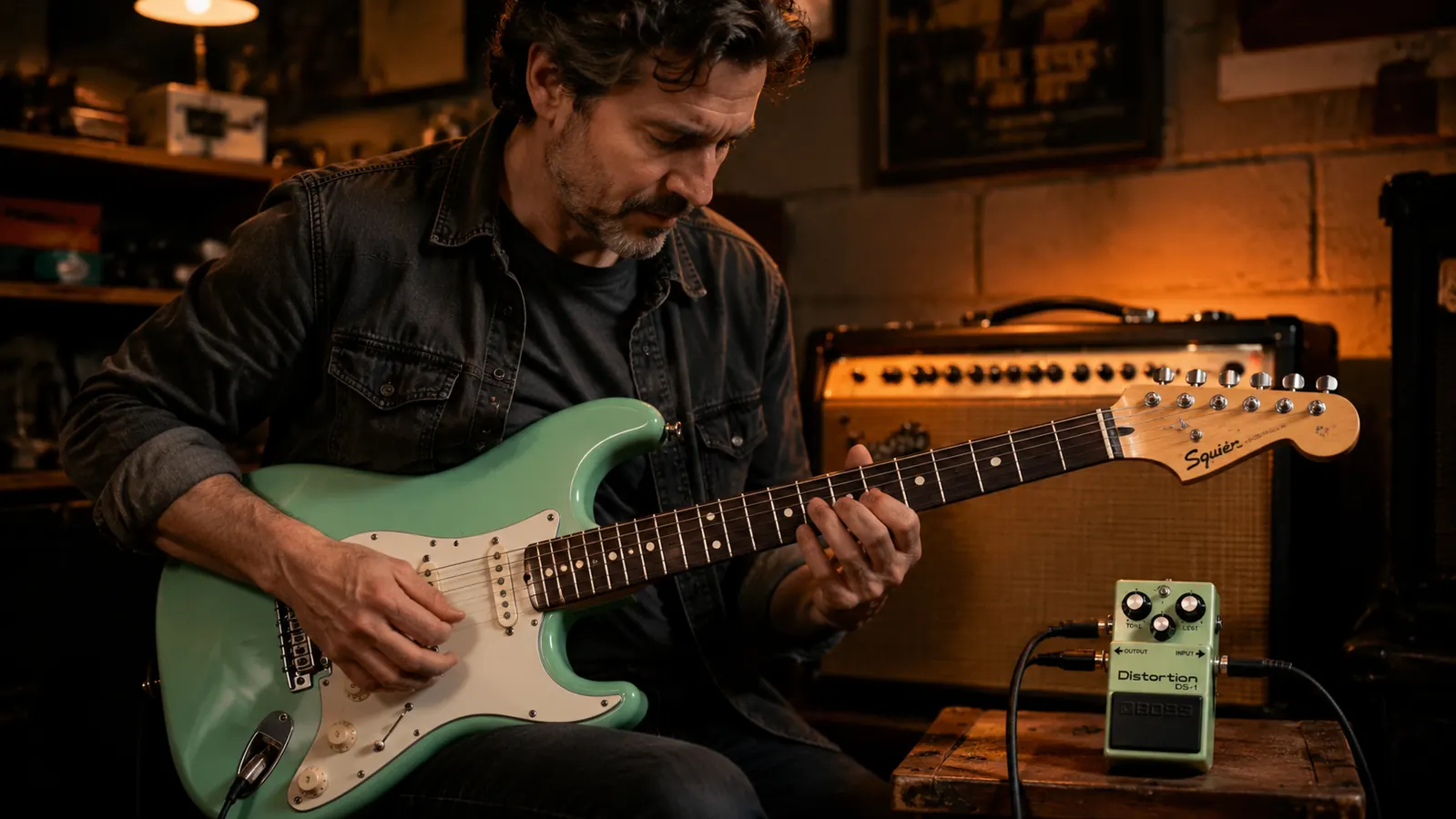 Close-up of hands adjusting the Boss DS-1 knobs, tone knob pointed at 11 o'clock position