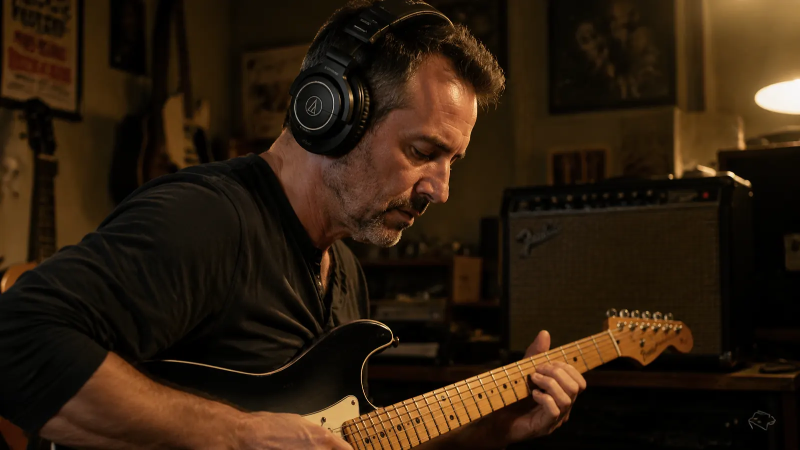 Audio-Technica ATH-M50x headphones resting on top of a small audio interface next to an electric guitar neck, studio setting