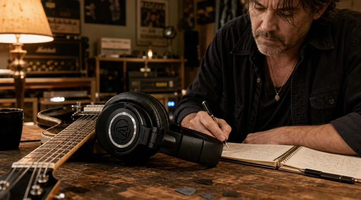 Close-up of ATH-M50x ear cushion and headband, showing the padded over-ear design, black studio headphones on white surface