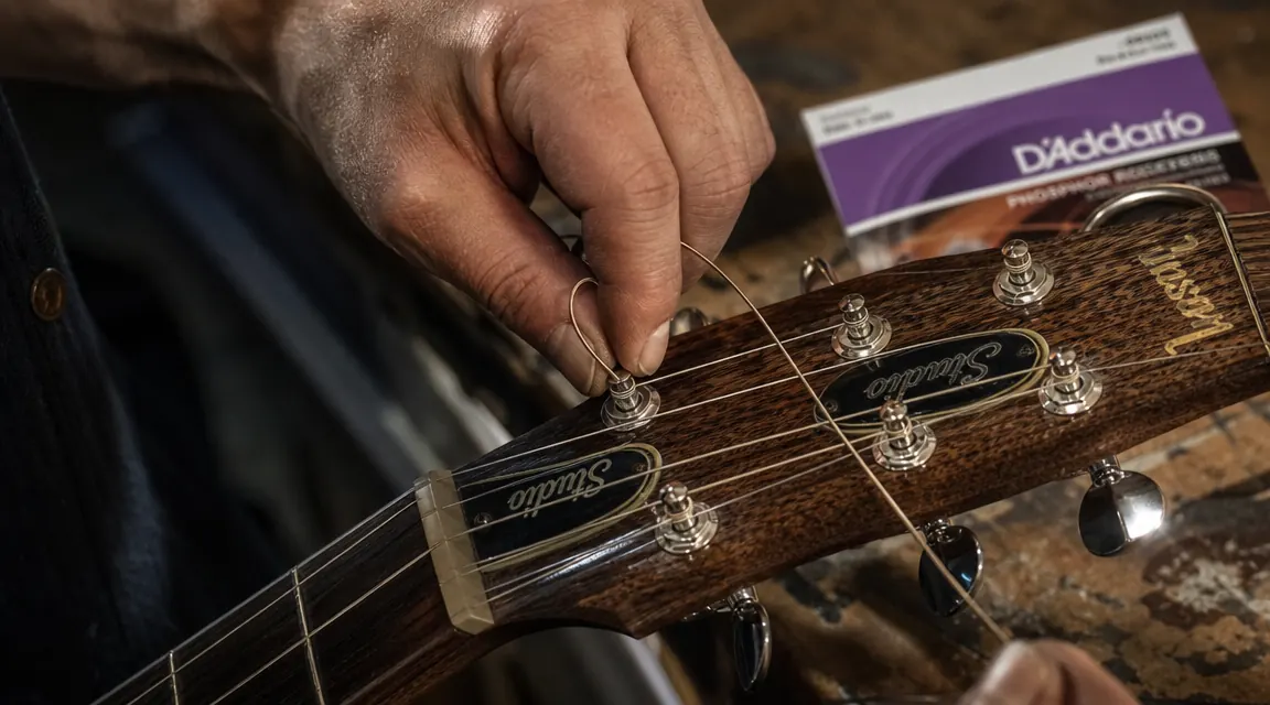 Tuner clipped to a guitar headstock showing a string being brought into tune during intonation check