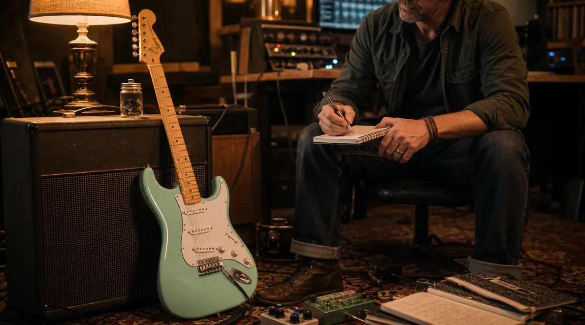 Ruler measuring string action at the 12th fret of a Stratocaster