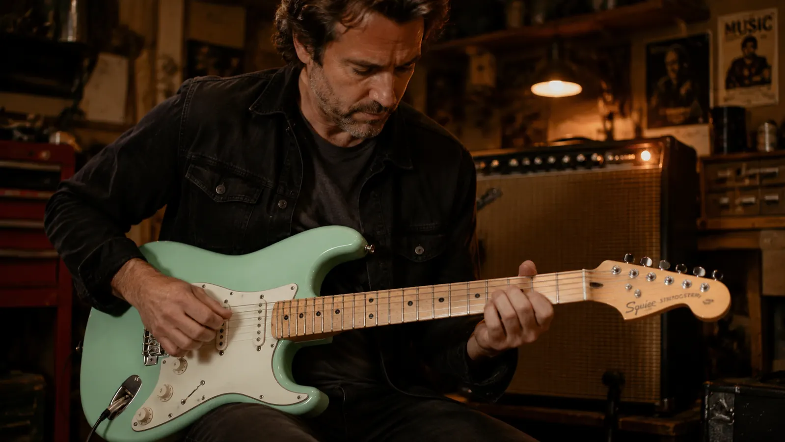Guitarist's hand forming a chord on the Squier Classic Vibe '50s Stratocaster fretboard, showing the maple neck and vintage-style tuners