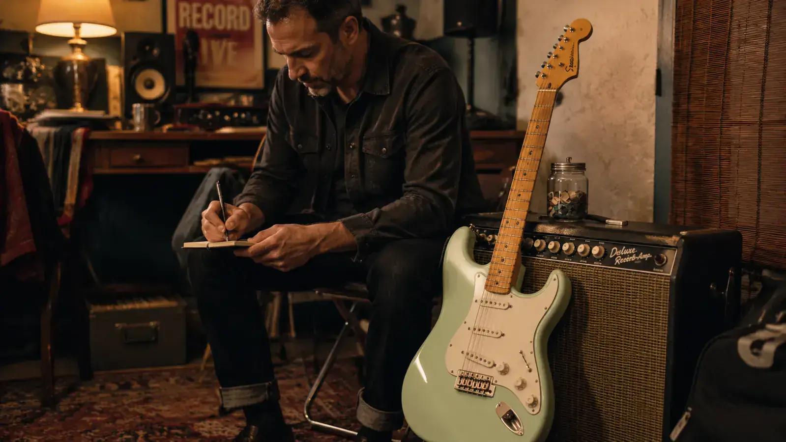 Squier Classic Vibe Stratocaster body showing the three single-coil pickups and alder body grain